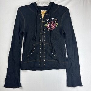 Soul Revival Embroidered Waffle Knit Zip Hoodie Women's M Skull Rose Studded Y2K